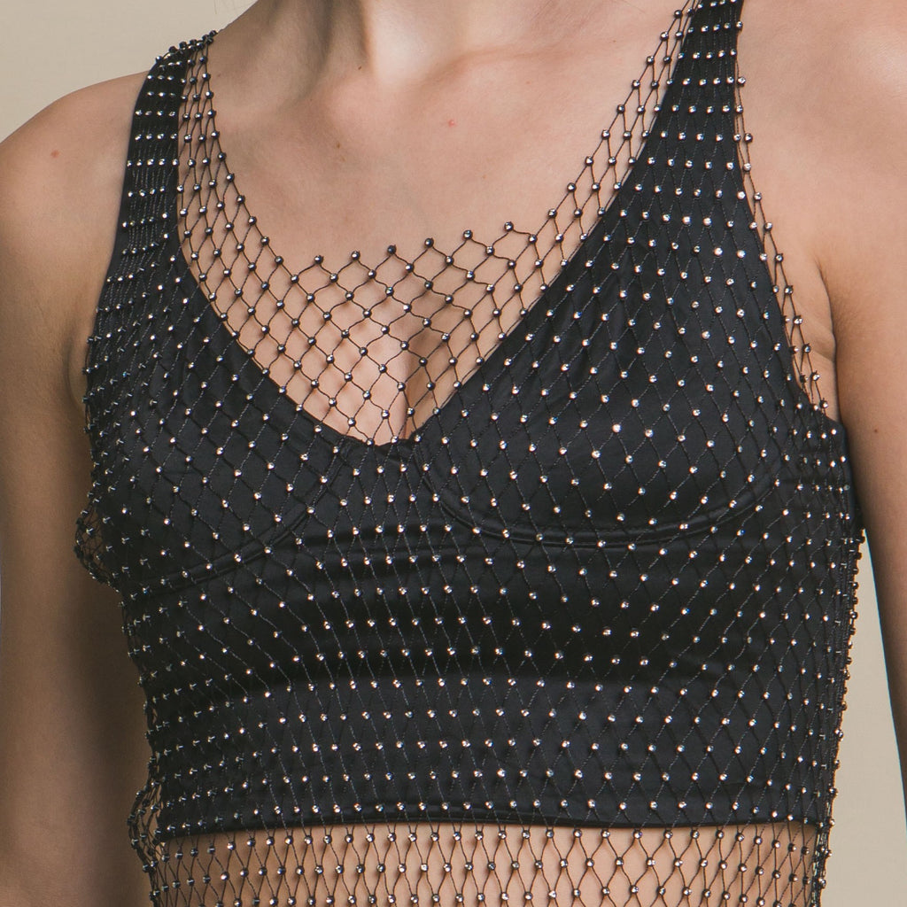 Concert Bond Rhinestone Mesh Top Black