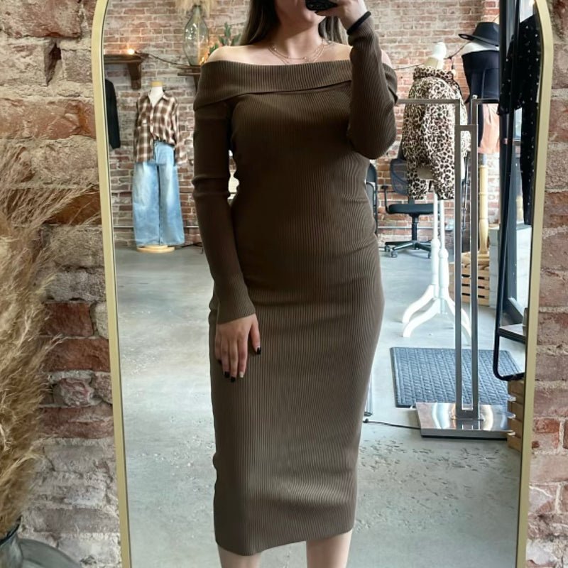 Won Me Over Fold Over Off The Shoulder Dress Brown