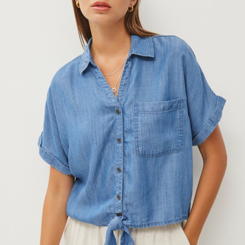 Brunch Plans Denim Wash Short Sleeve Top