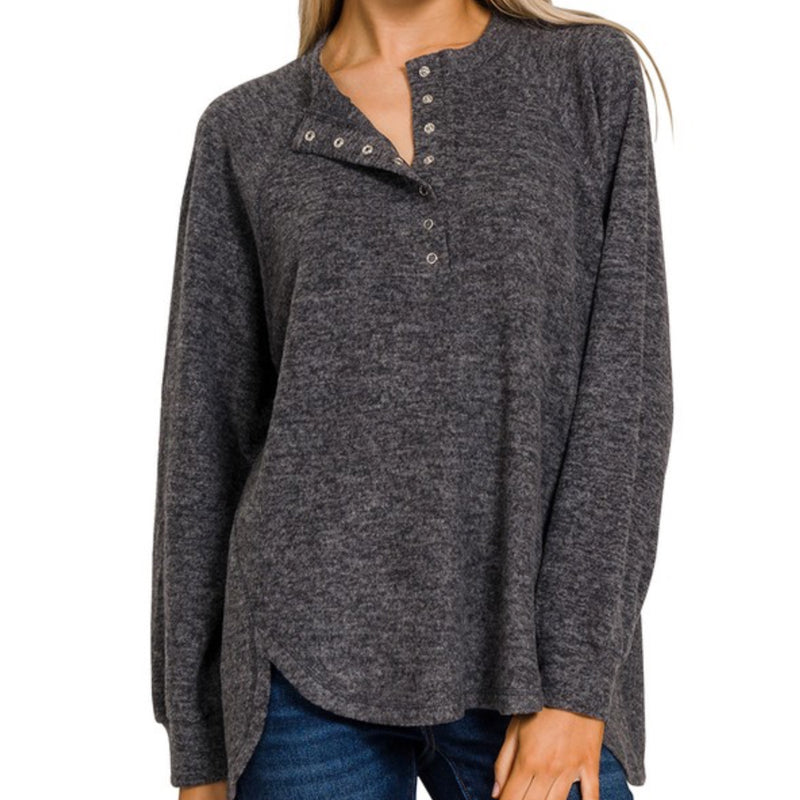 Diannah Brushed Knit Relaxed Henley Top Black