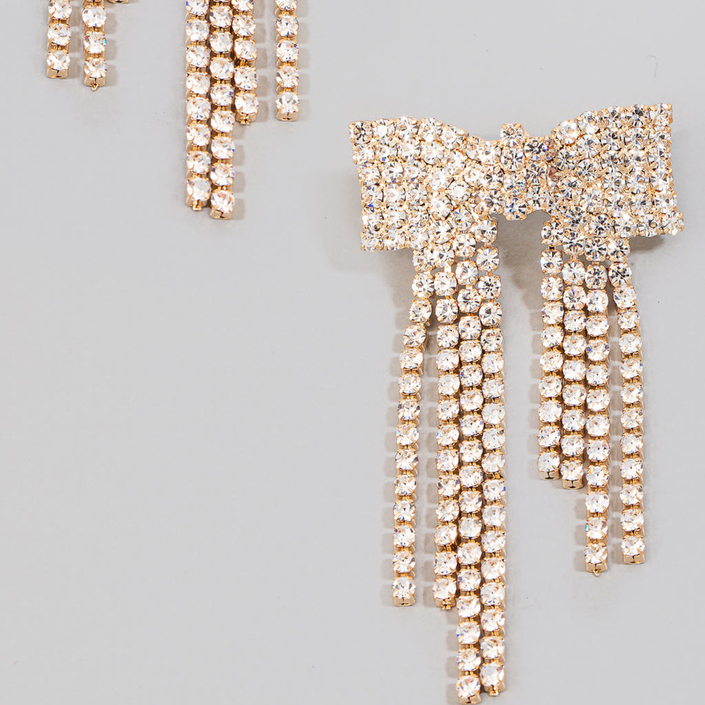 Pave Rhinestone Bow Dangle Earrings