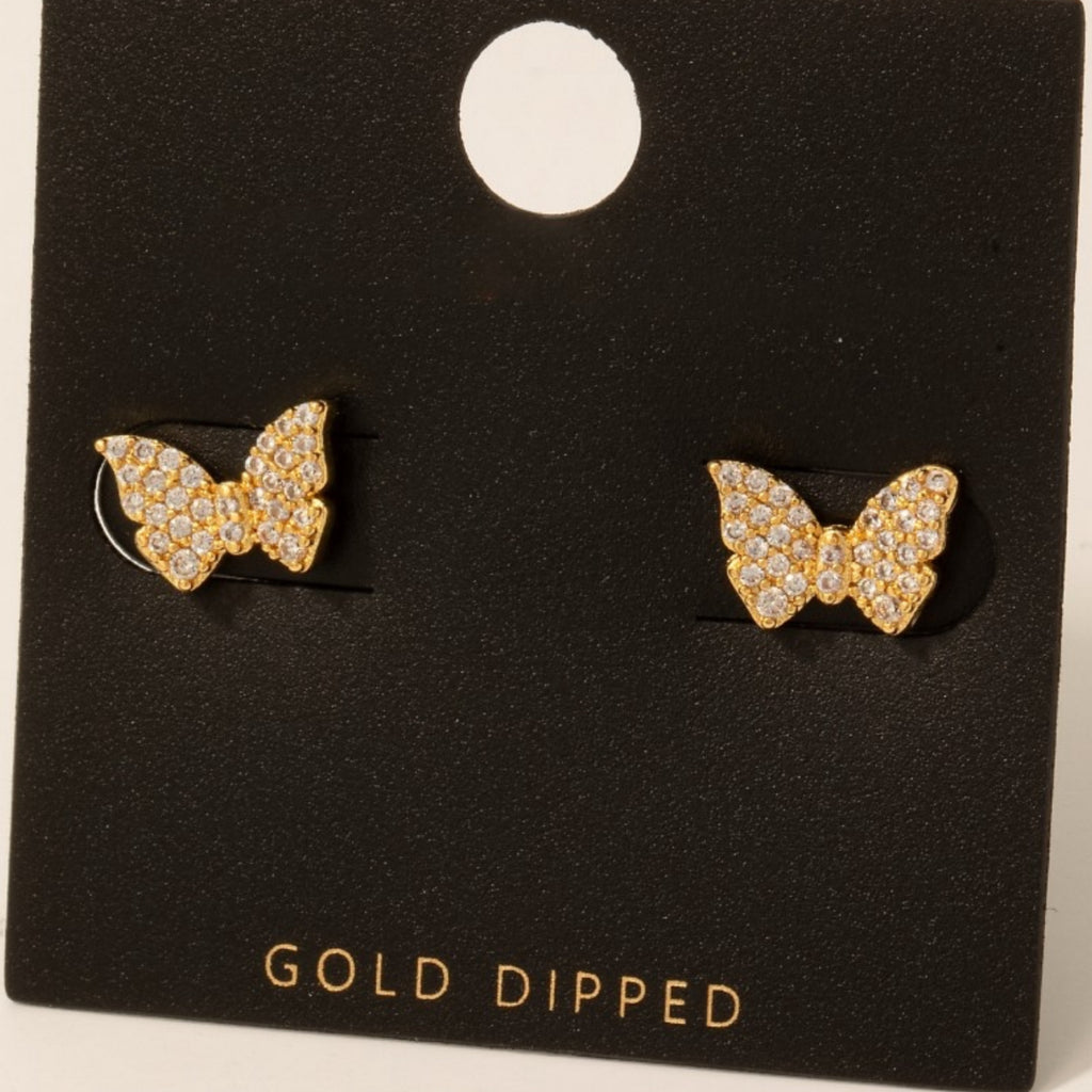 Gold Dipped Cz Pave Butterfly Earrings