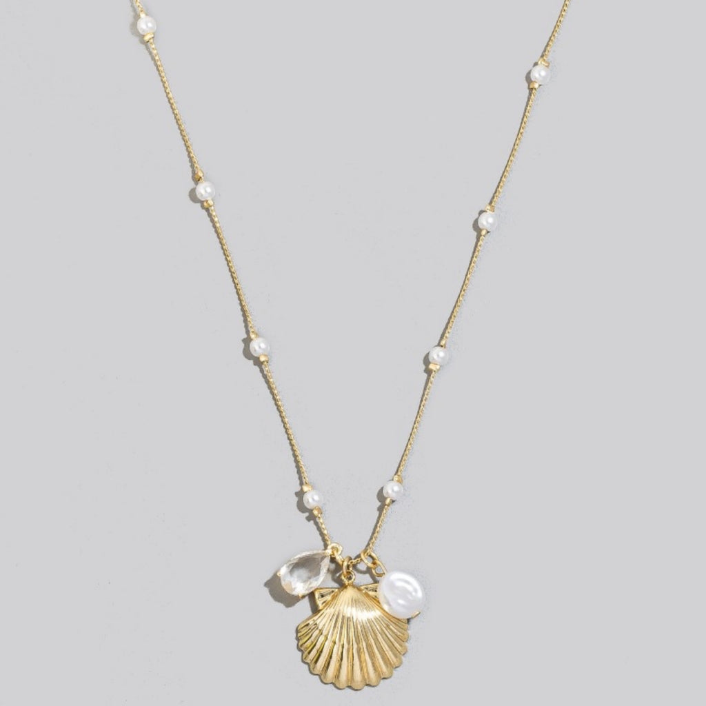 Pearl Station Gem And Clam Charms Chain Necklace