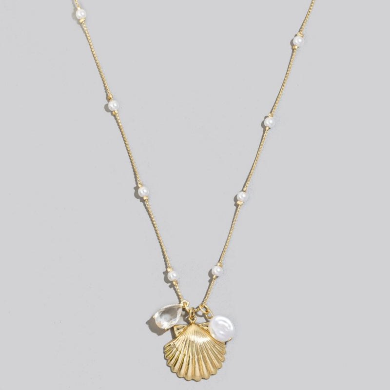 Pearl Station Gem And Clam Charms Chain Necklace