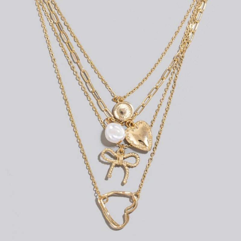 Pearl Heart Ribbon Charms Layered Chains Necklace