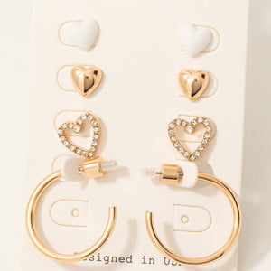 4Pc Heart Studs And Hoop Earrings Set