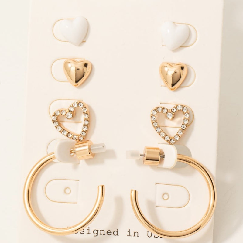 4Pc Heart Studs And Hoop Earrings Set