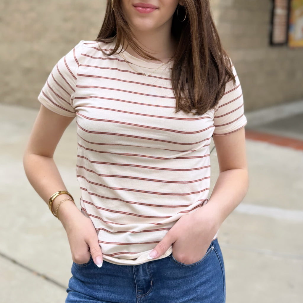 Easy Day Short Sleeve Striped Top Cream