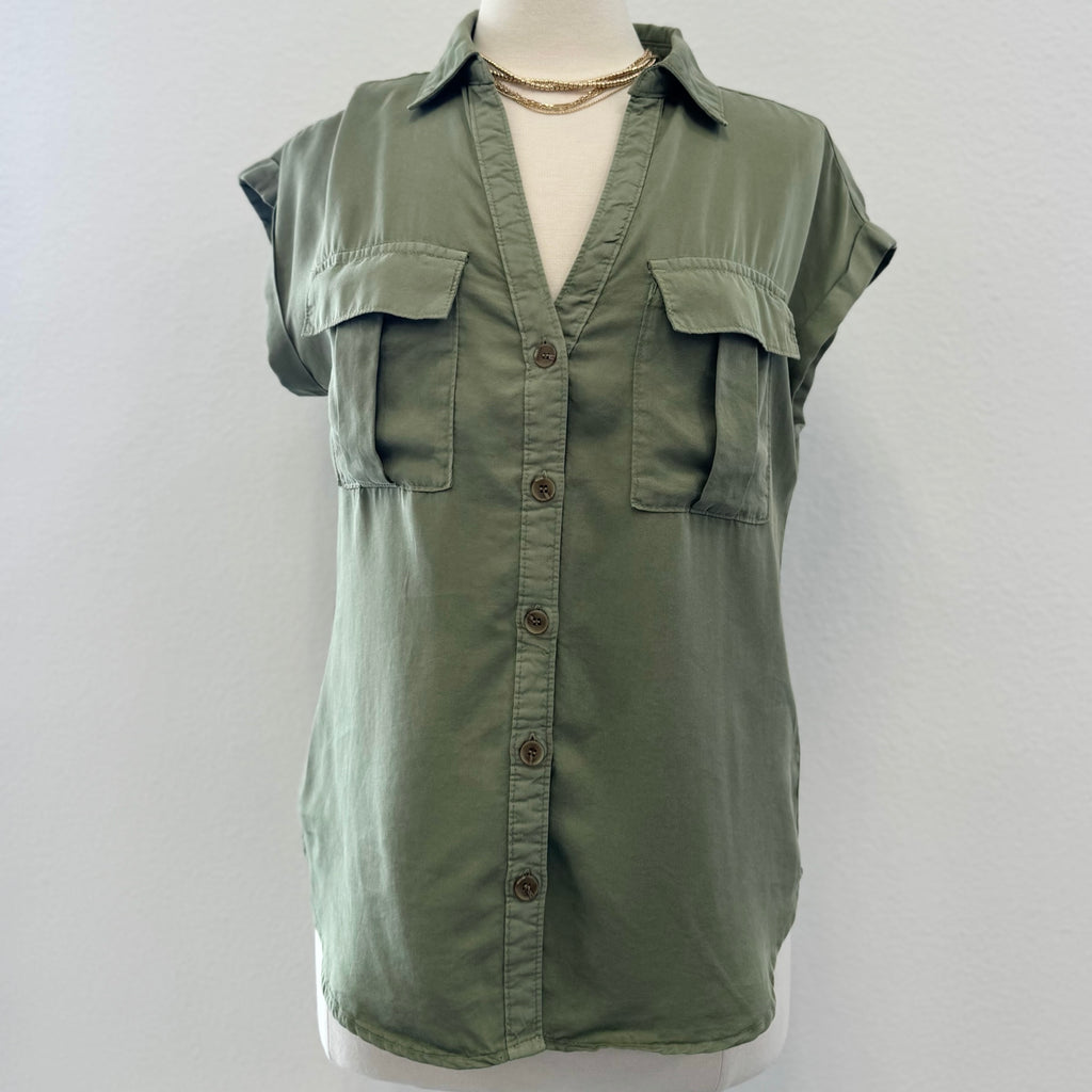 Looking Back Woven Button Front Top Olive