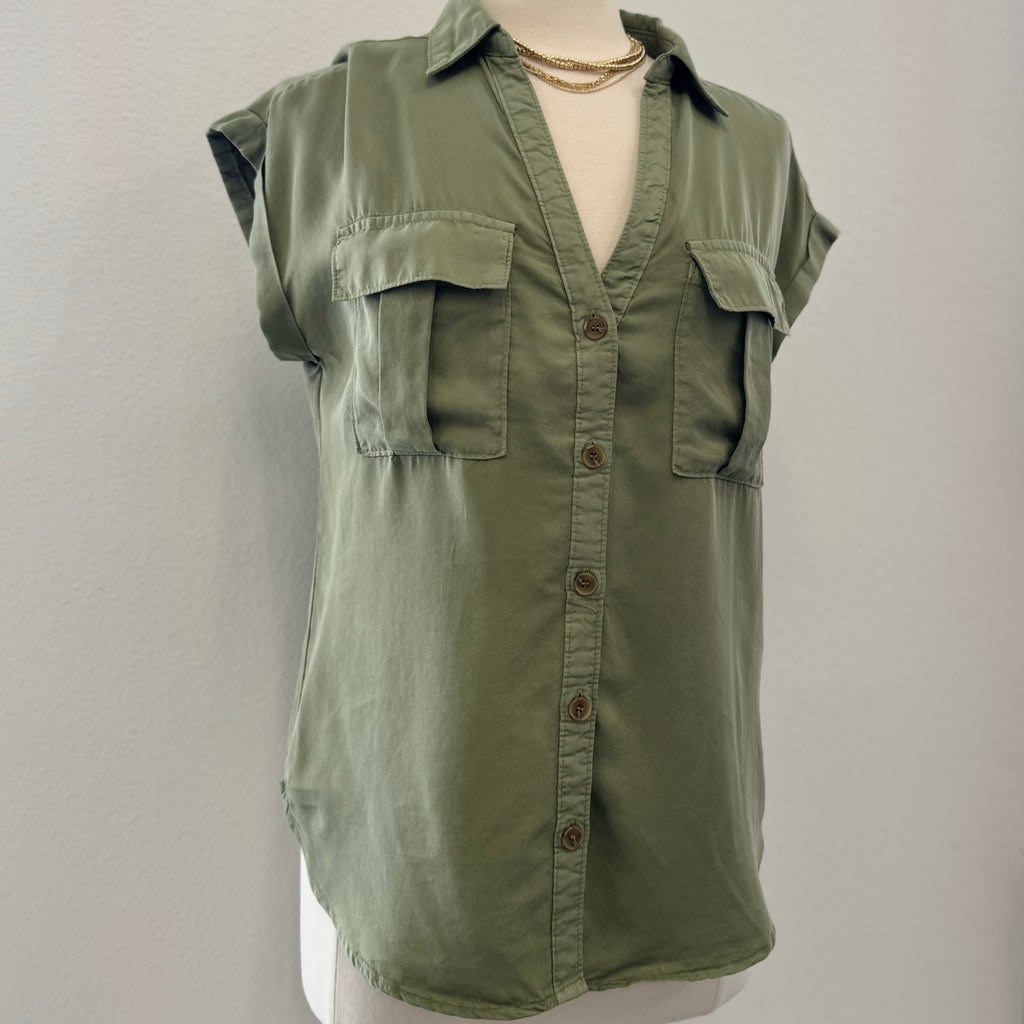 Looking Back Woven Button Front Top Olive