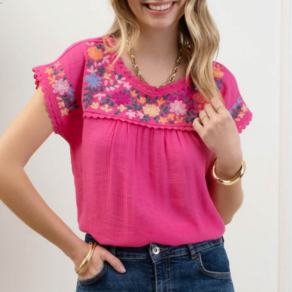Floral Print Embroidery Top Hot Pink