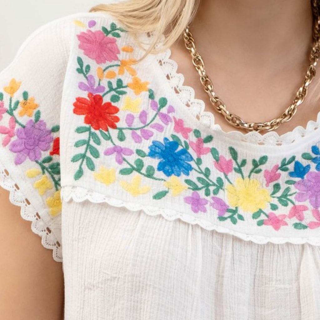 Floral Print Embroidery Top White