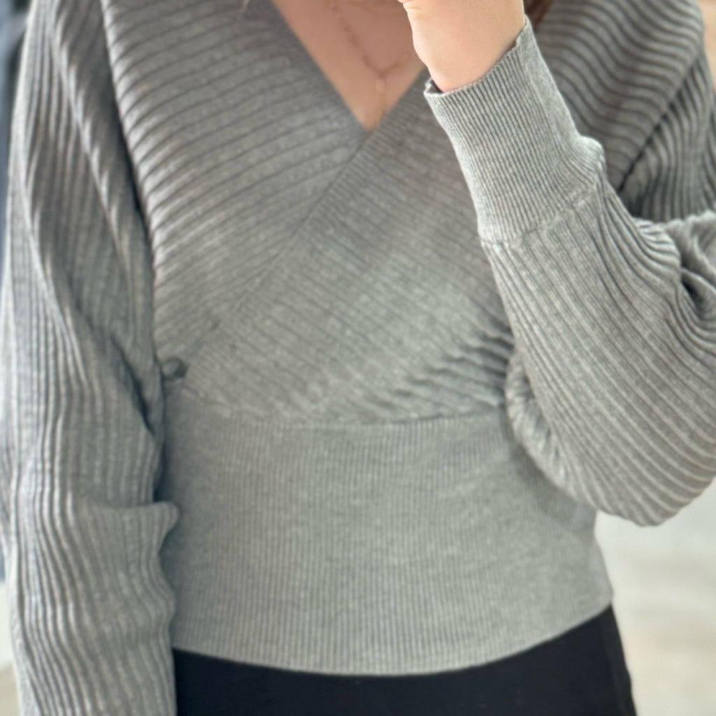 On My List Surplice Neckline Ribbed Sweater Gray