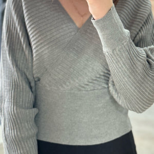 On My List Surplice Neckline Ribbed Sweater Gray