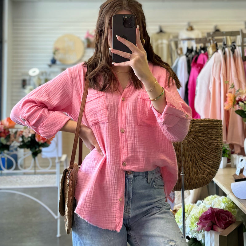 Lenny Linen Button Down Top Pink