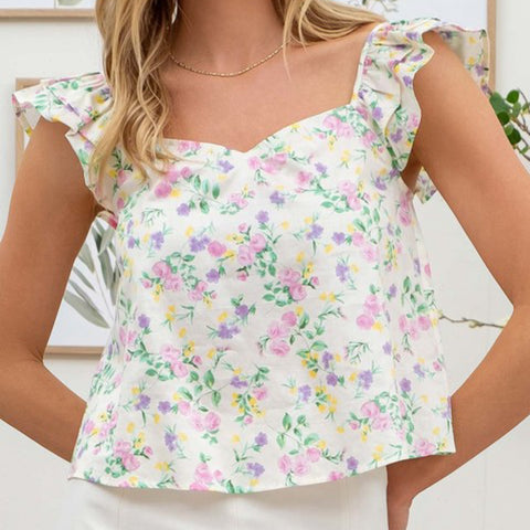 Floral Print Embroidery Top White