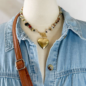 Heart Pendant Stone And Metallic Beaded Necklace Set