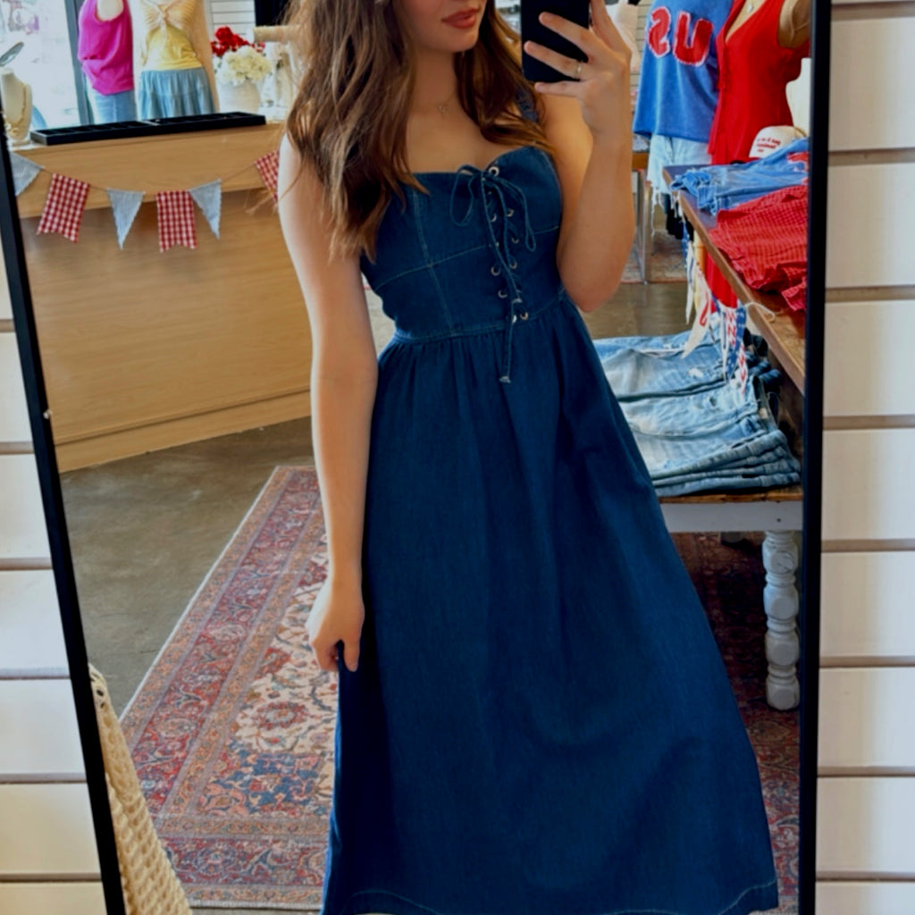 Denim Days Lace Up Denim Midi Dress