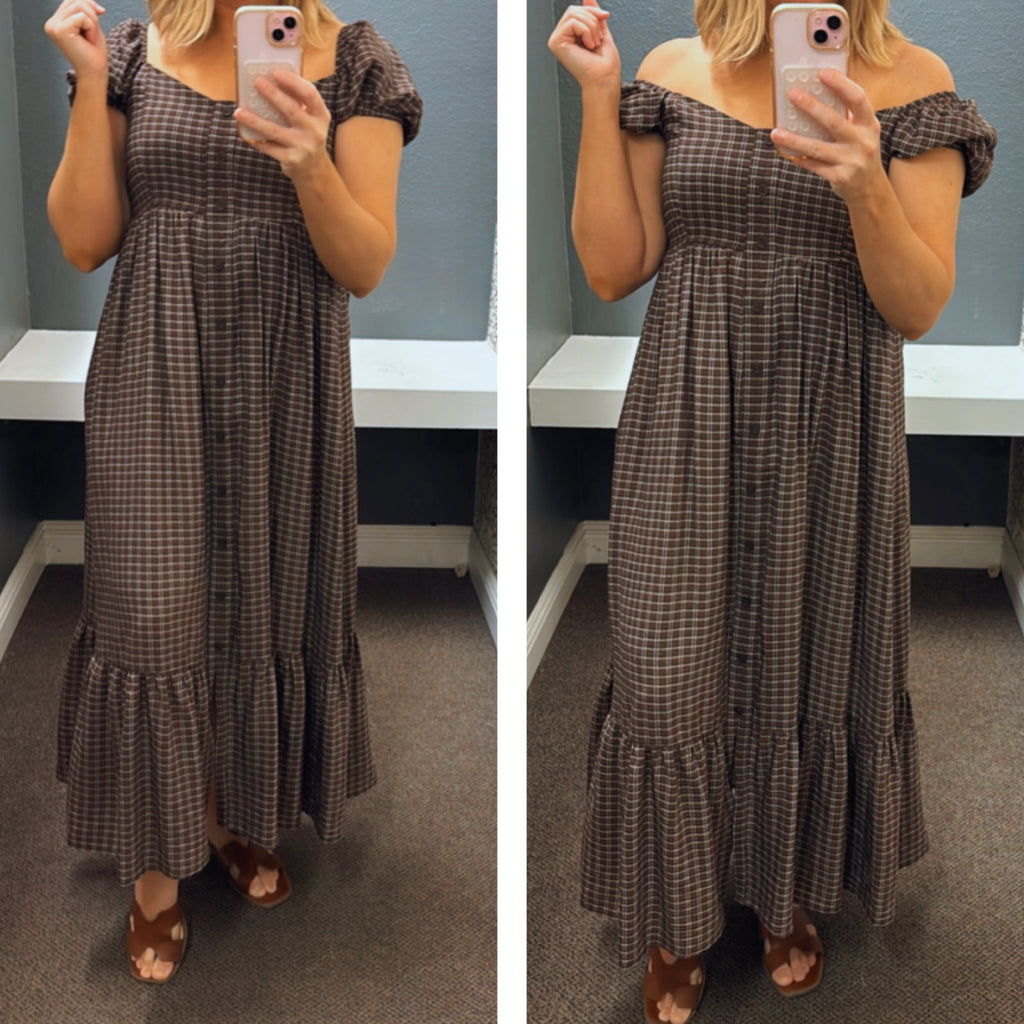Let's Chat Button Front Plaid Stripe Maxi Dress