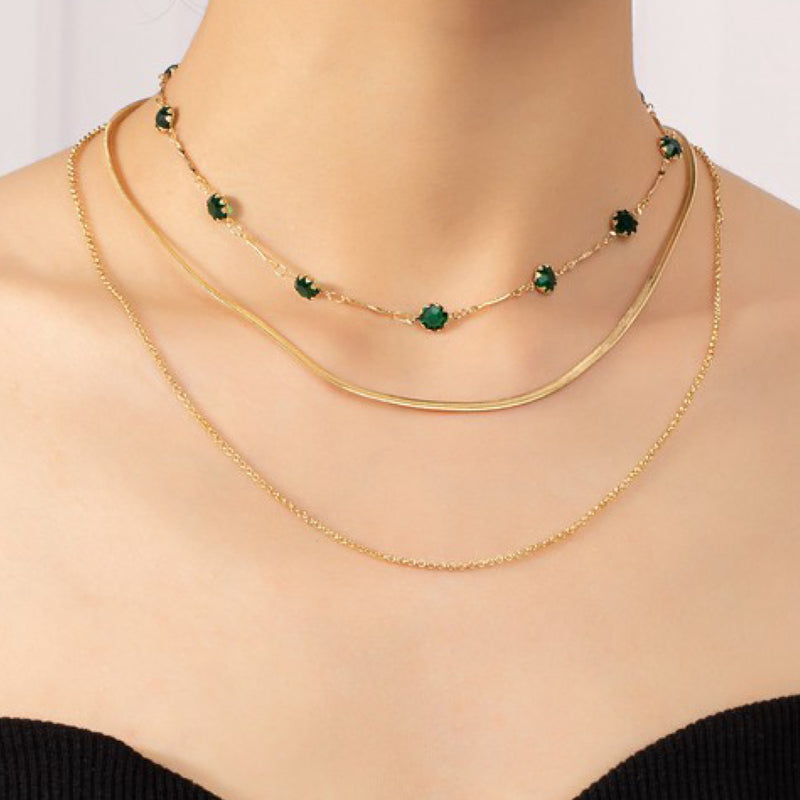 Herringbone And Emerald Stone Chain Necklace
