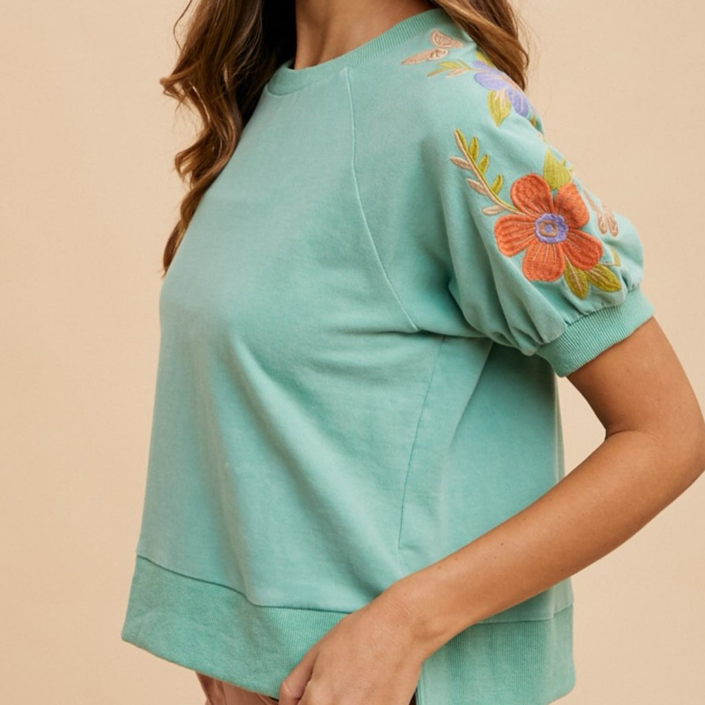 Mineral Wash Embroidered Bubble Sleeve Sweatshirt