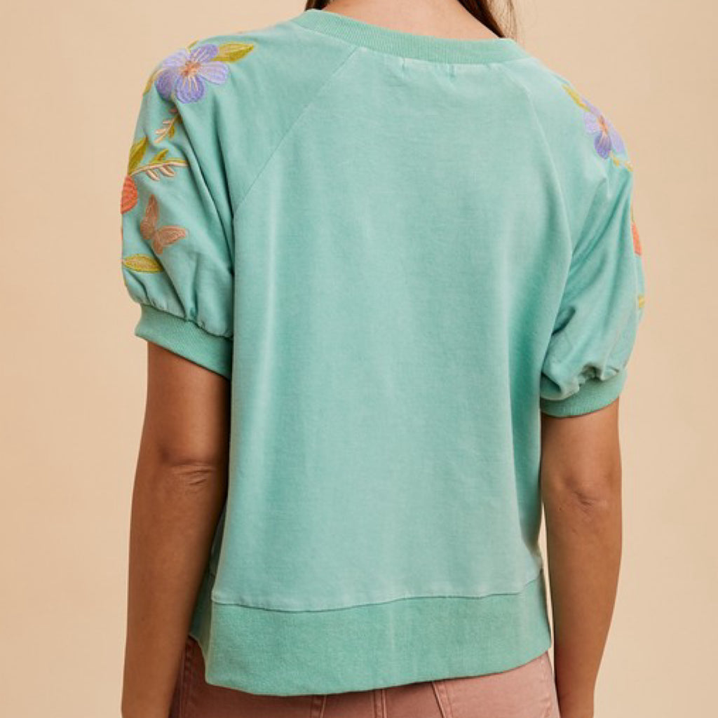 Mineral Wash Embroidered Bubble Sleeve Sweatshirt