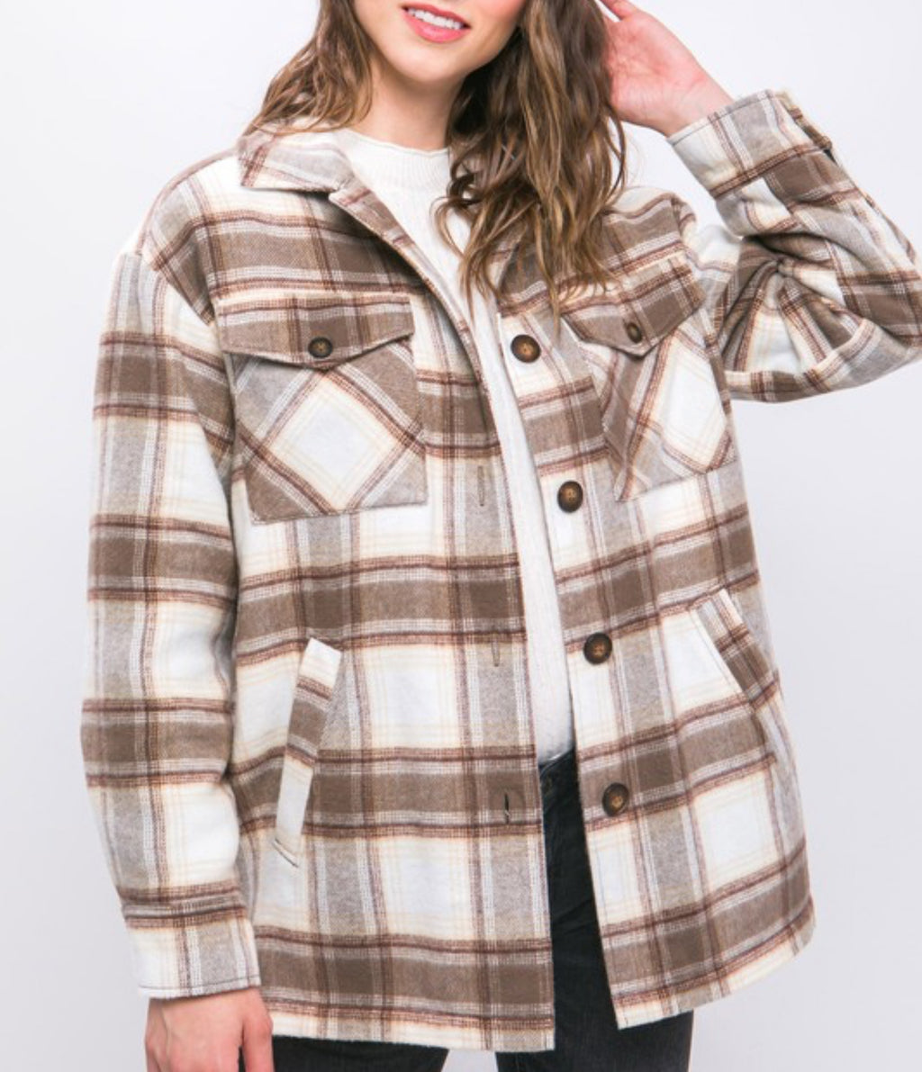 Good Timing Plaid Button Up Shacket With Sherpa