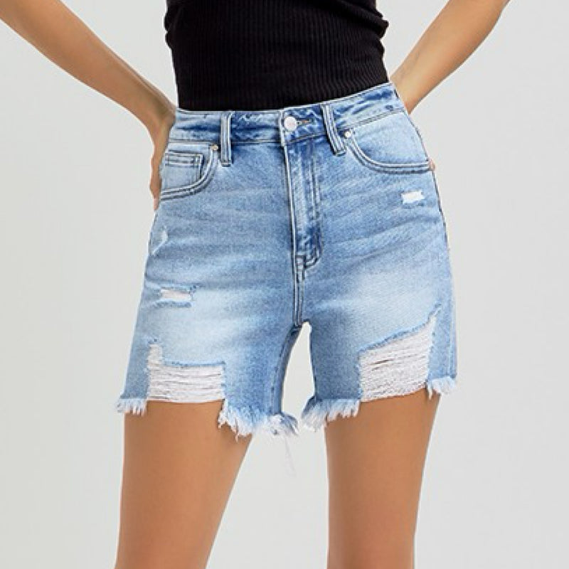 Risen High Rise Mid Thigh Denim Shorts Light Wash