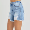 Risen High Rise Mid Thigh Denim Shorts Light Wash