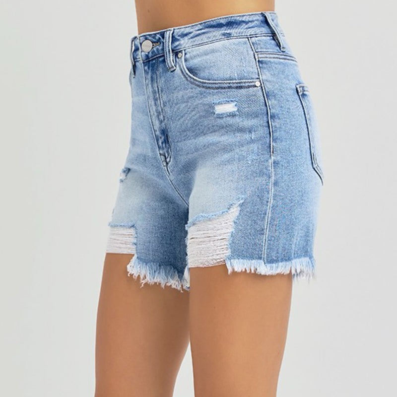 Risen High Rise Mid Thigh Denim Shorts Light Wash