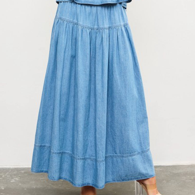 Think About It Tiered Denim Midi Skirt