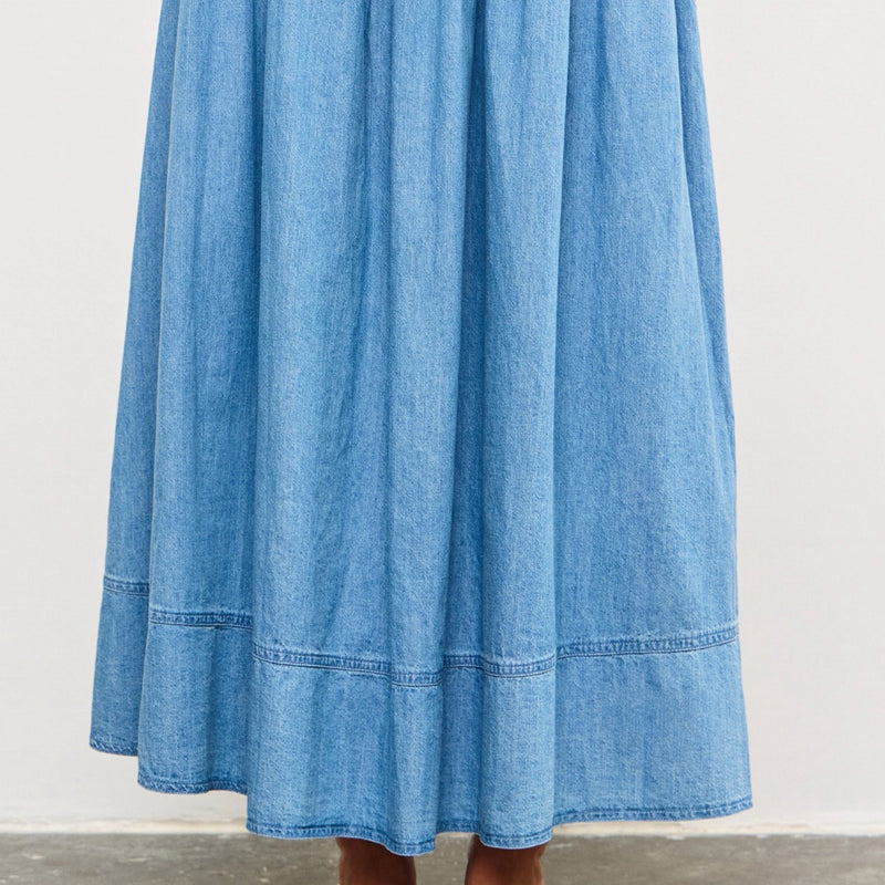 Think About It Tiered Denim Midi Skirt