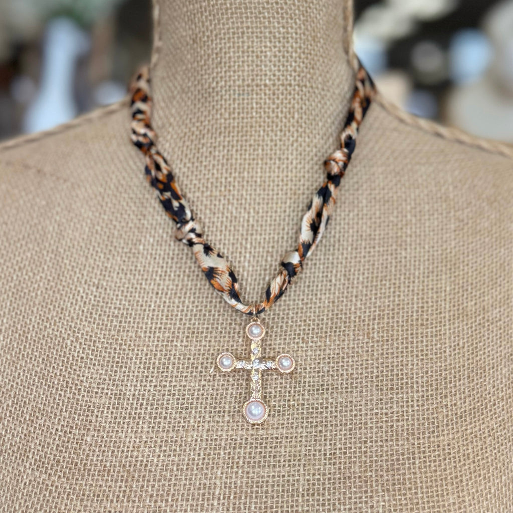 Handmade Leopard Scarf Necklace With Cross Charm