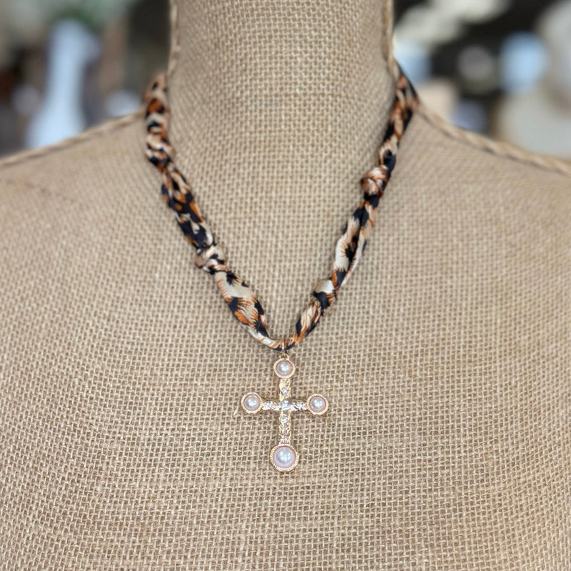 Handmade Leopard Scarf Necklace With Cross Charm