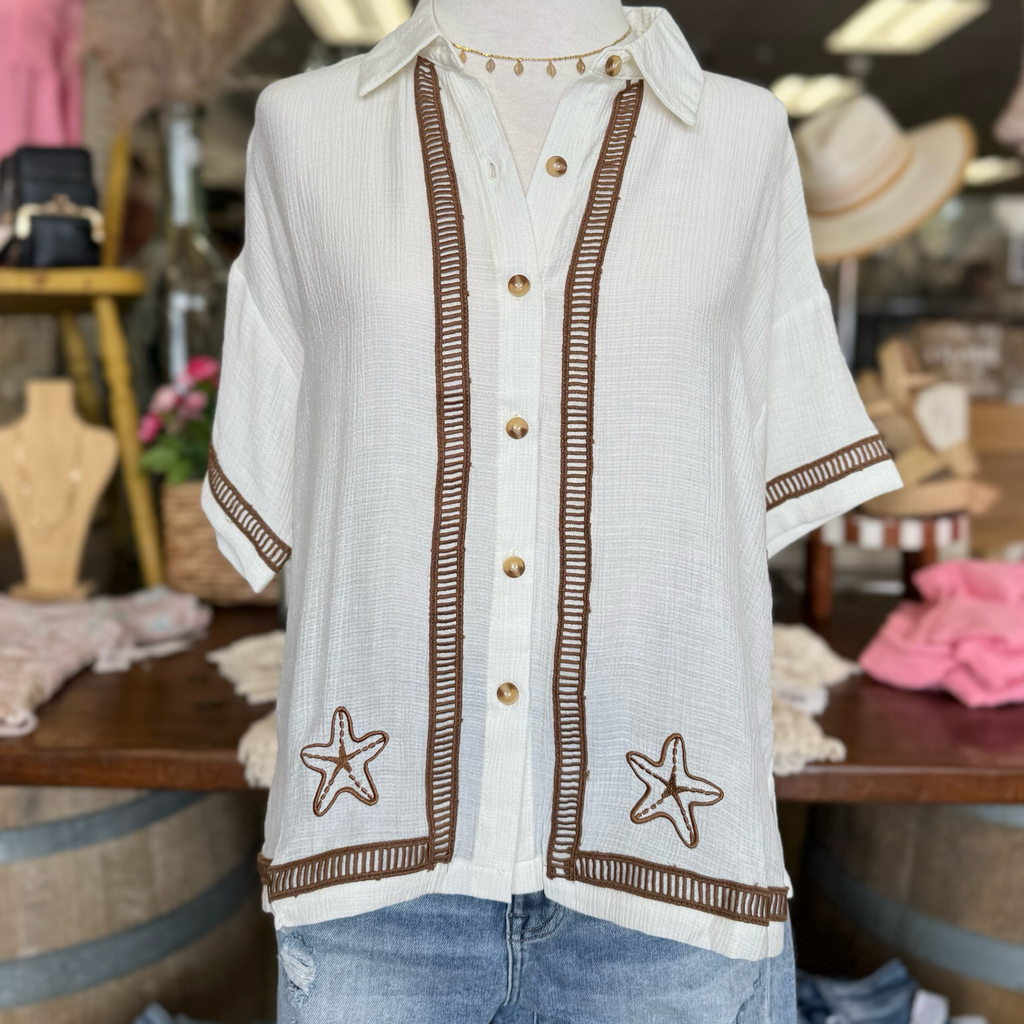 Starfish Embroidered Detailed Button Down Top