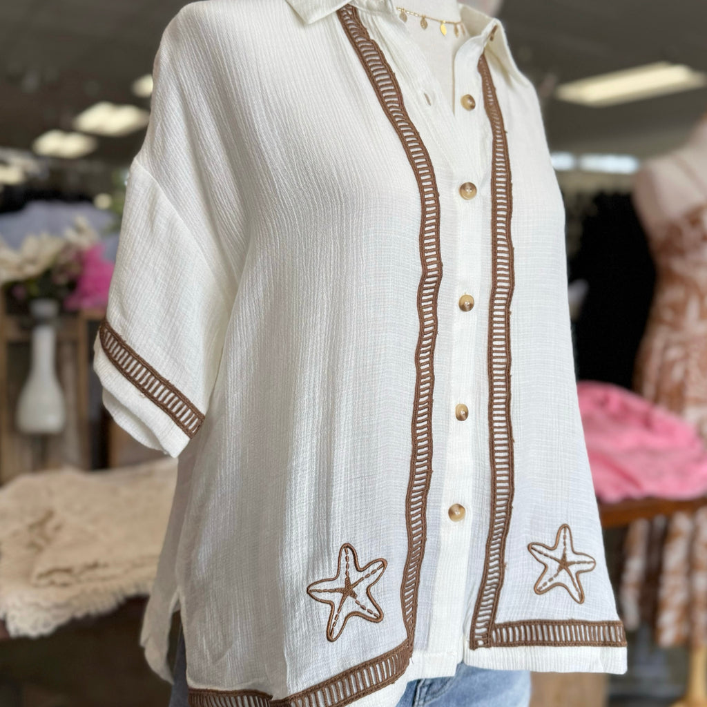 Starfish Embroidered Detailed Button Down Top