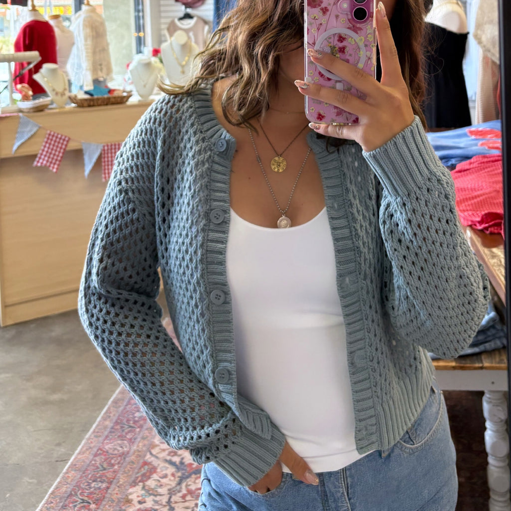 Deep End Crochet Cardigan Blue Grey