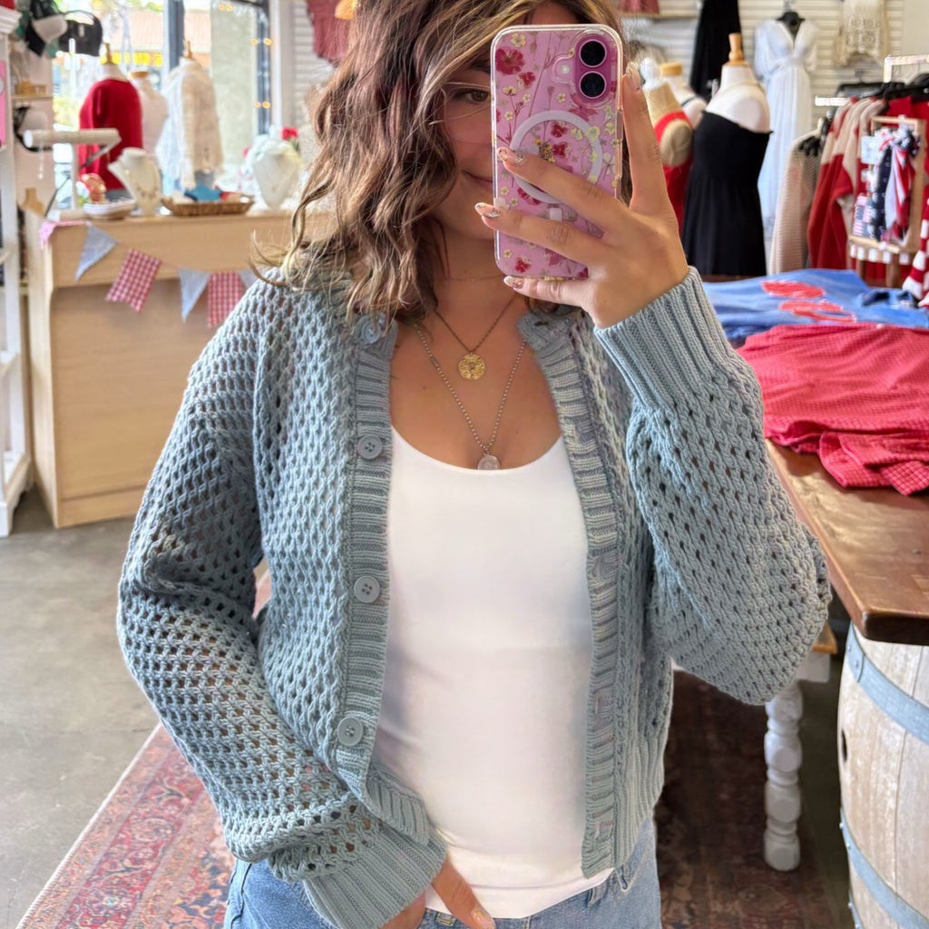 Deep End Crochet Cardigan Blue Grey
