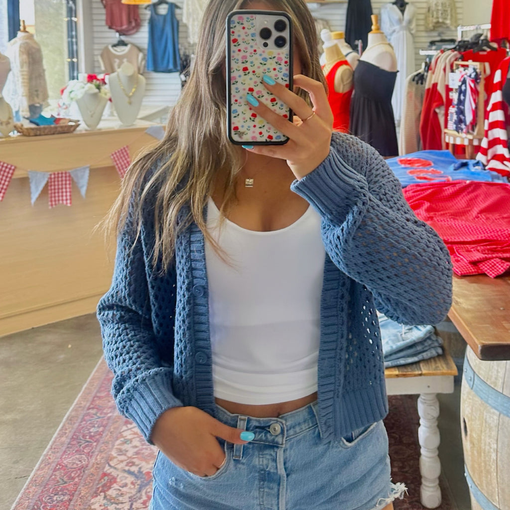 Deep End Crochet Cardigan Dusty Blue