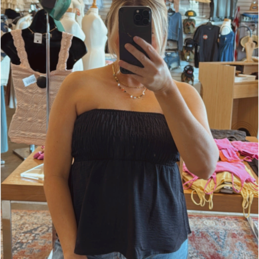 Blissful Nights Strapless Smocked Baby Doll Top