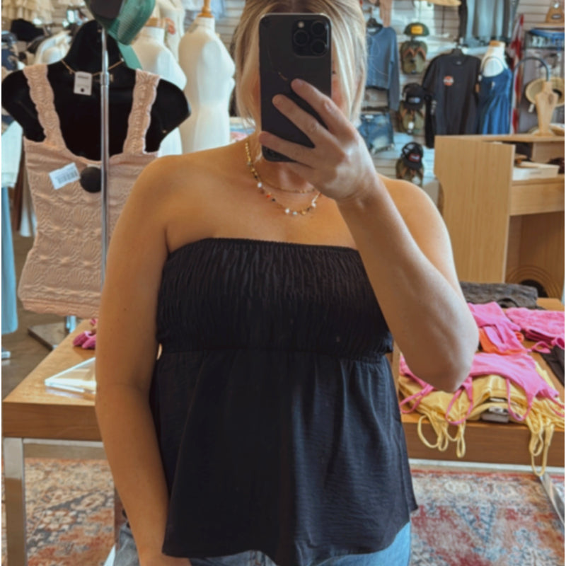 Blissful Nights Strapless Smocked Baby Doll Top