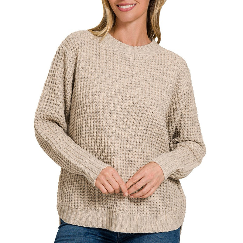 Night Sky Hi-Low Waffle Knit Round Neck Sweater