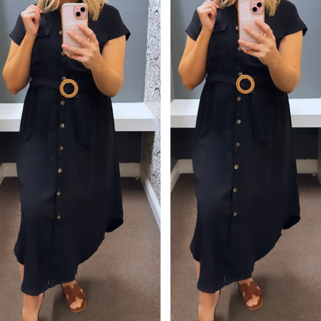 Just Us Collared Button Down Midi Dress With Belt