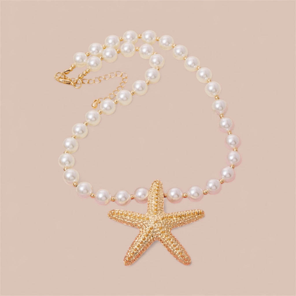 Gold Dipped Starfish Pendant Pearl Beaded Necklace
