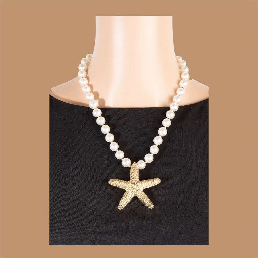 Gold Dipped Starfish Pendant Pearl Beaded Necklace