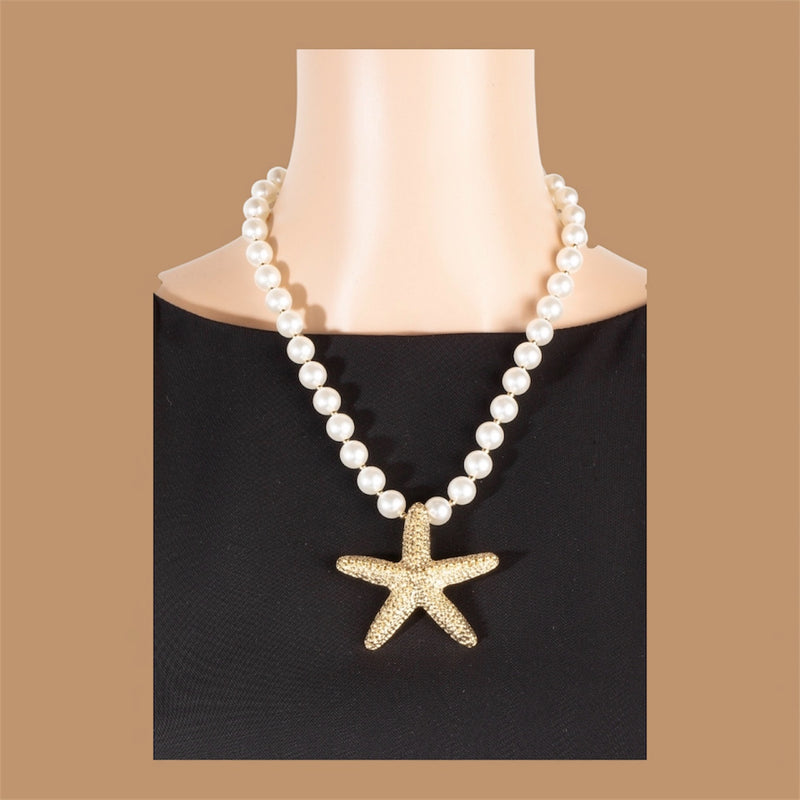 Gold Dipped Starfish Pendant Pearl Beaded Necklace