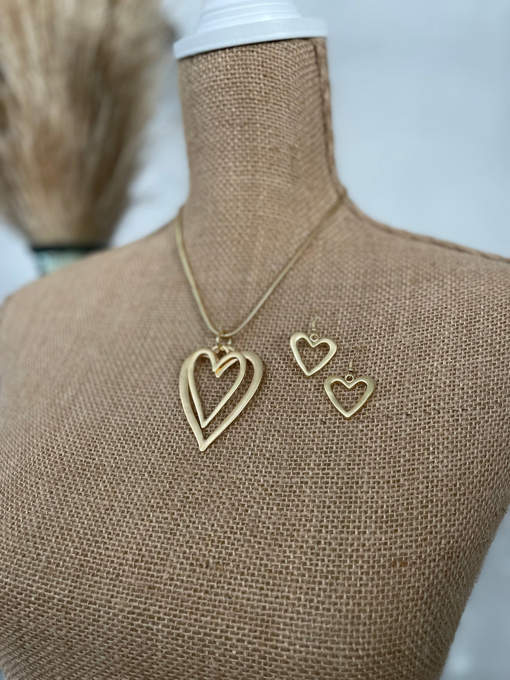 Gold Rope with Heart Charm Necklace and Earing Set