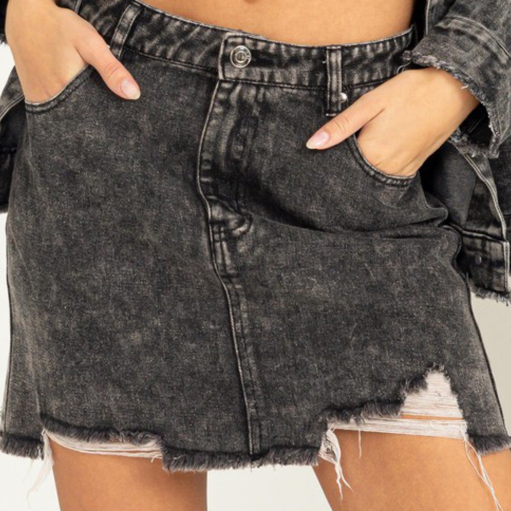 Summer Outings Distressed High Waisted Denim Skirt